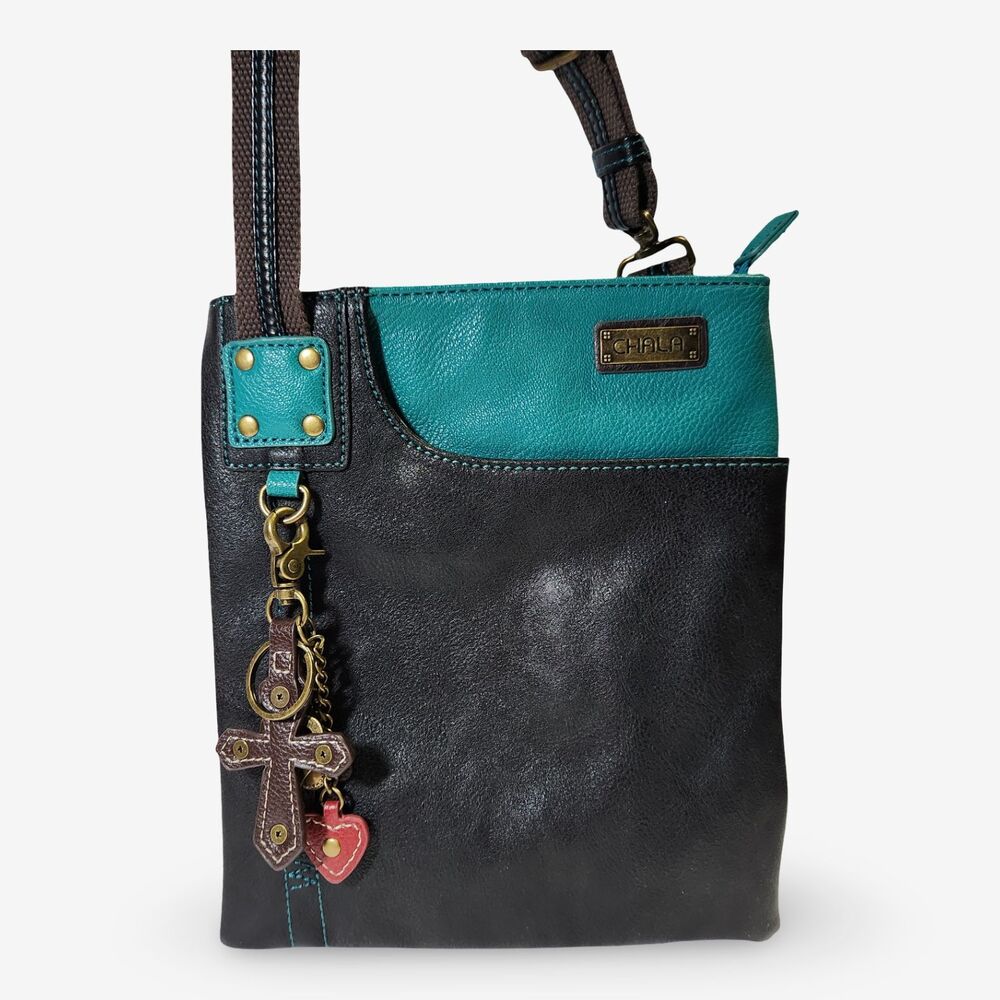 Chala Teal & Brown Crossbody Bag Cross Heart Charm  10" Purse  Adjustable Strap